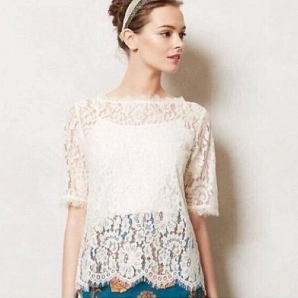 Anthropologie Blouse Vanessa Virginia Top Lace Blouse Floral Blouse XS Cream